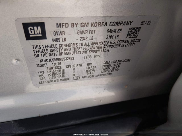 Aukcja sprzedaży 2022 Buick Encore Awd Preferred, vin: KL4CJESM9NB532893, numer aukcji: 45282761
