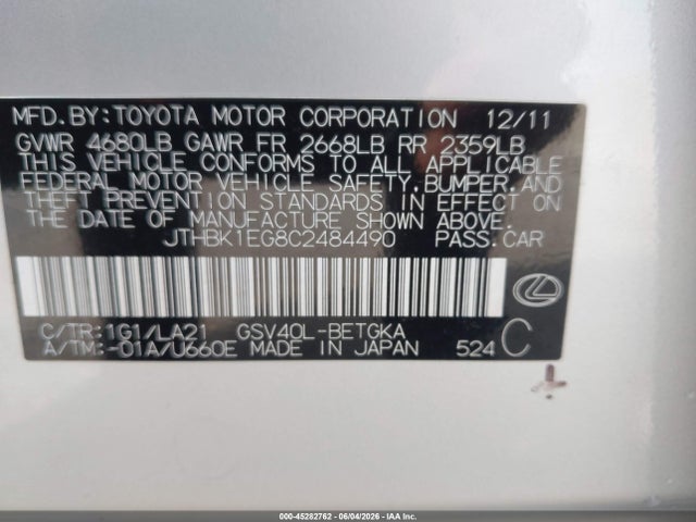 Продаж на аукціоні авто 2012 Lexus Es 350, vin: JTHBK1EG8C2484490, номер лоту: 45282762