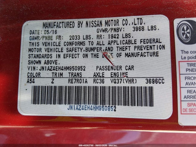 45282780 :رقم المزاد ، JN1AZ4EH4HM950952 vin ، 2017 Nissan 370z Nismo Tech مزاد بيع
