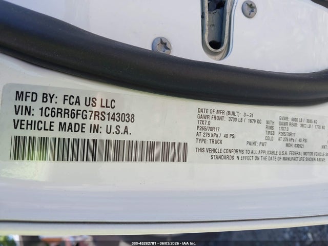 45282781 :رقم المزاد ، 1C6RR6FG7RS143038 vin ، 2024 Ram 1500 Classic مزاد بيع