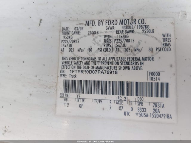 45282787 :رقم المزاد ، 1FTYR10D07PA76918 vin ، 2007 Ford Ranger Stx/xl/xlt مزاد بيع