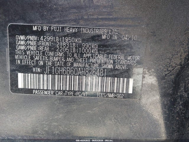 2010 Subaru Impreza 2.5i Premium მანქანა იყიდება აუქციონზე, vin: JF1GH6B60AH826481, აუქციონის ნომერი: 45282822