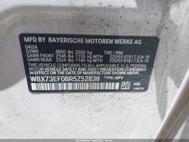 45282832 :رقم المزاد ، WBX73EF08R5Z52838 vin ، 2024 Bmw X1 Xdrive28i مزاد بيع