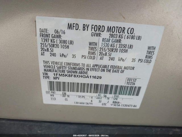 Aukcja sprzedaży 2017 Ford Explorer Limited, vin: 1FM5K8F8XHGA11629, numer aukcji: 45282837