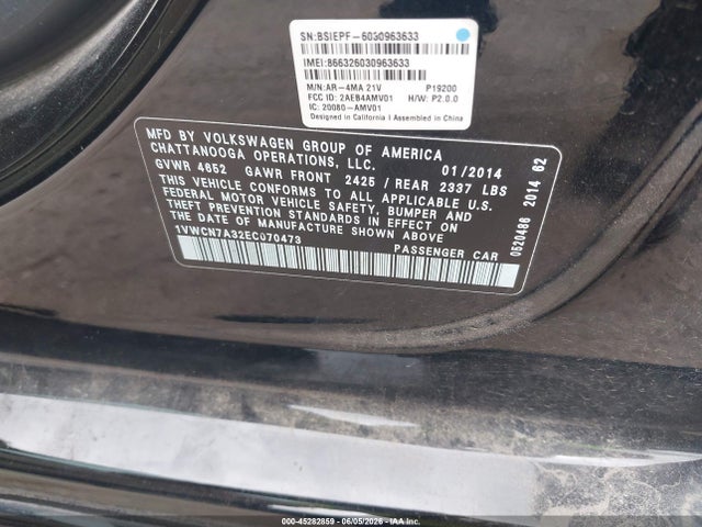 45282859 :رقم المزاد ، 1VWCN7A32EC070473 vin ، 2014 Volkswagen Passat 2.0l Tdi Sel Premium مزاد بيع