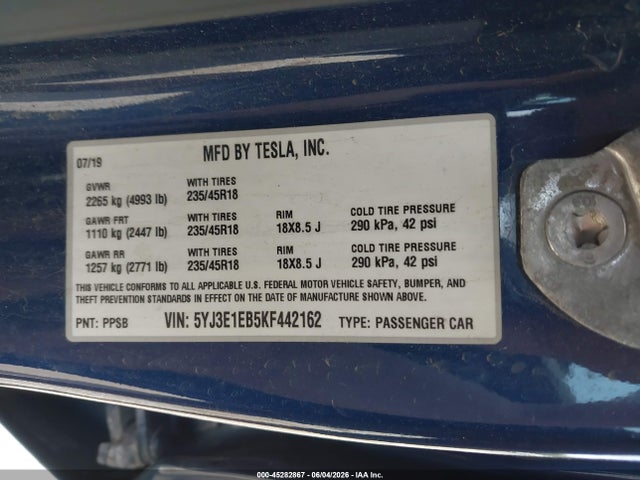 Tesla Model 3 Long Range/performance 2019 5YJ3E1EB5KF442162 Image 9