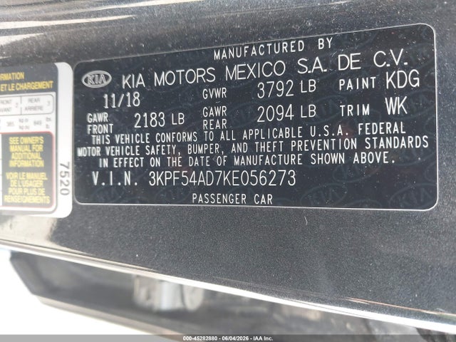 Продажа на аукционе авто 2019 Kia Forte Ex, vin: 3KPF54AD7KE056273, номер лота: 45282880