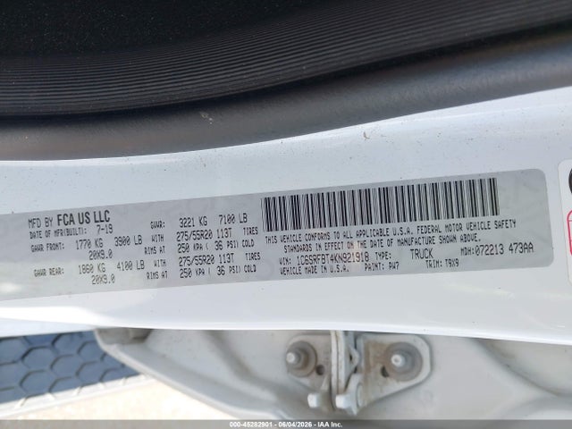 45282901 :رقم المزاد ، 1C6SRFBT4KN921918 vin ، 2019 Ram 1500 Big Horn/lone Star  4x4 6'4 Box مزاد بيع
