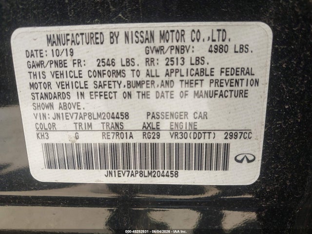 Продажа на аукционе авто 2020 Infiniti Q50, vin: JN1EV7AP8LM204458, номер лота: 45282931