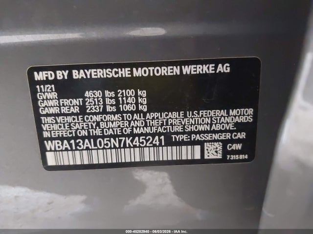 Aukcja sprzedaży 2022 Bmw M235 Gran Coupe I Xdrive, vin: WBA13AL05N7K45241, numer aukcji: 45282940