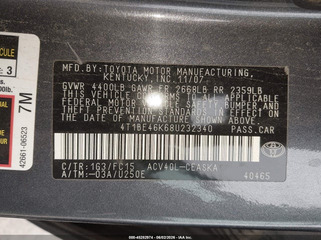 Auction sale of the 2008 Toyota Camry Se, vin: 4T1BE46K68U232340, lot number: 45282974