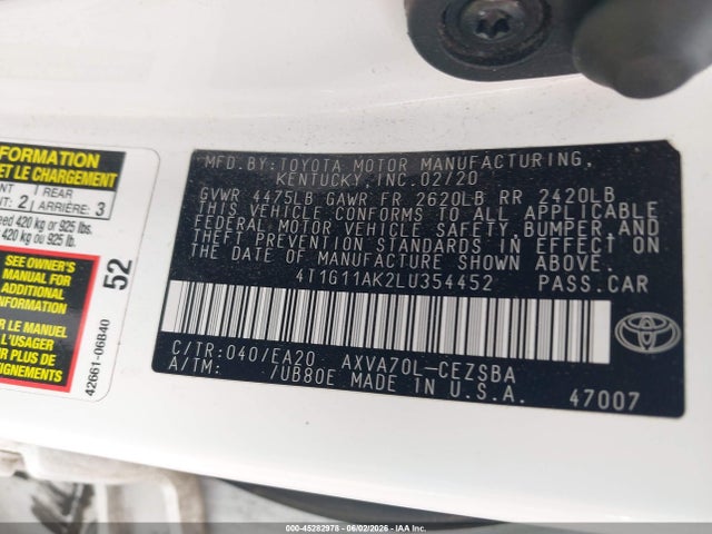 Продаж на аукціоні авто 2020 Toyota Camry Se, vin: 4T1G11AK2LU354452, номер лоту: 45282978