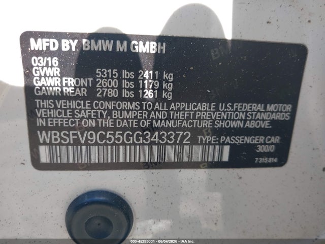 Продаж на аукціоні авто 2016 Bmw M5, vin: WBSFV9C55GG343372, номер лоту: 45283001