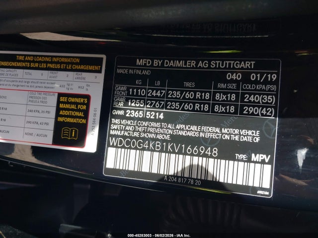 Aukcja sprzedaży 2019 Mercedes-benz Glc 300 4matic, vin: WDC0G4KB1KV166948, numer aukcji: 45283003