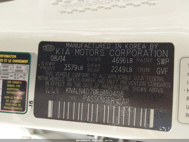 Aukcja sprzedaży 2015 Kia Cadenza Premium, vin: KNALN4D70F5180408, numer aukcji: 45283010