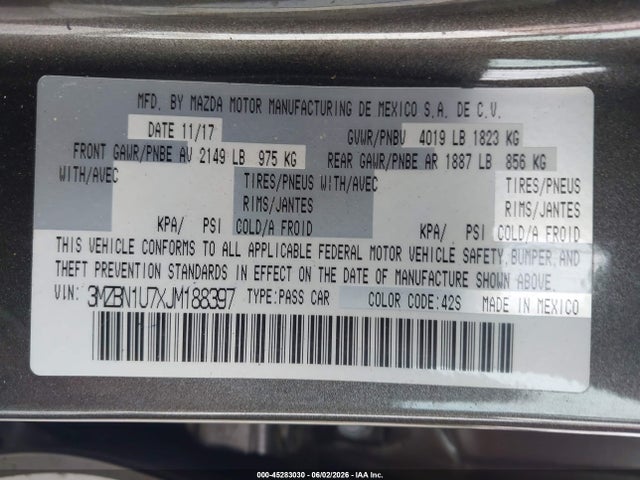 45283030 :رقم المزاد ، 3MZBN1U7XJM188397 vin ، 2018 Mazda Mazda3 Sport مزاد بيع