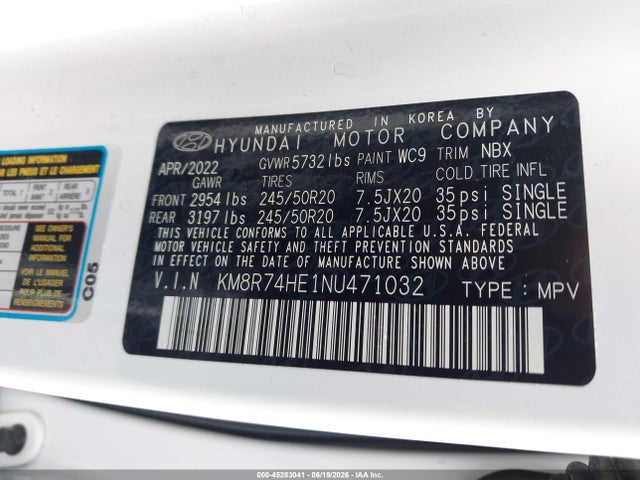 Продажа на аукционе авто 2022 Hyundai Palisade Calligraphy, vin: KM8R74HE1NU471032, номер лота: 45283041