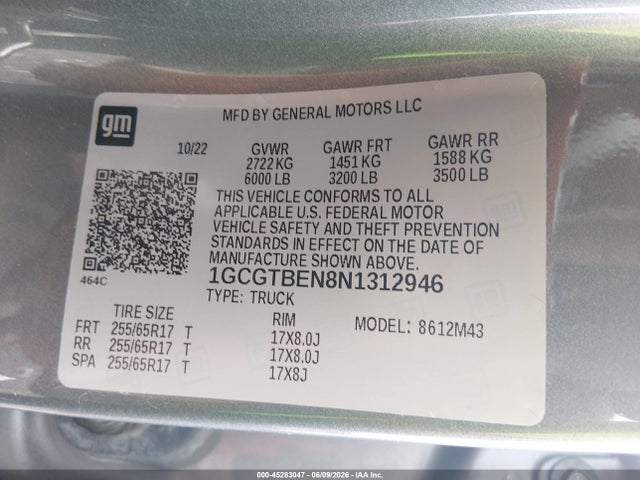 Продаж на аукціоні авто 2022 Chevrolet Colorado 4wd  Short Box Wt, vin: 1GCGTBEN8N1312946, номер лоту: 45283047