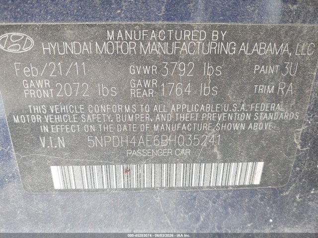 Продажа на аукционе авто 2011 Hyundai Elantra Gls, vin: 5NPDH4AE6BH035241, номер лота: 45283074