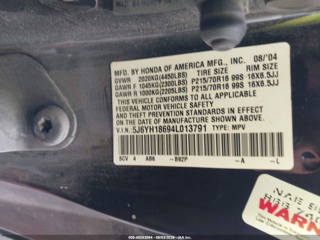 45283094 :رقم المزاد ، 5J6YH18694L013791 vin ، 2004 Honda Element Ex مزاد بيع