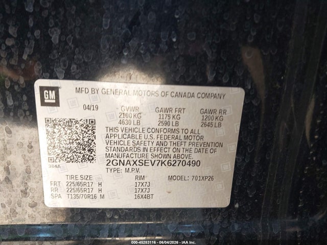 Aukcja sprzedaży 2019 Chevrolet Equinox Ls, vin: 2GNAXSEV7K6270490, numer aukcji: 45283116