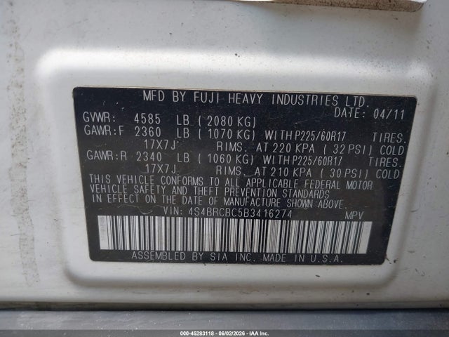 Aukcja sprzedaży 2011 Subaru Outback 2.5i Premium, vin: 4S4BRCBC5B3416274, numer aukcji: 45283118