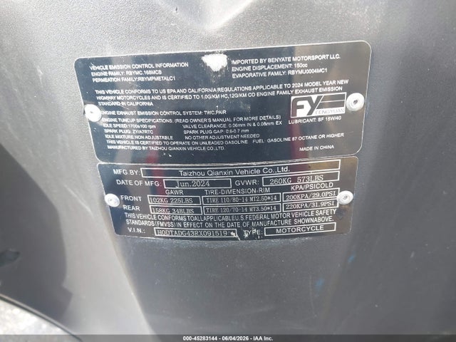 Продаж на аукціоні авто 2024 Taizhou Mc, vin: H0DTADG43RX091519, номер лоту: 45283144