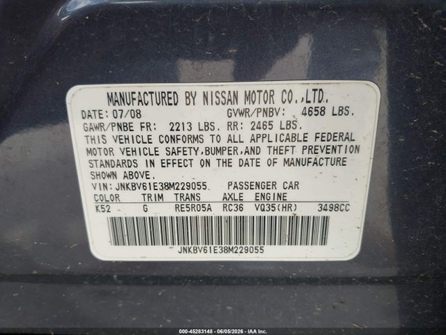 Продажа на аукционе авто 2008 Infiniti G35 Journey, vin: JNKBV61E38M229055, номер лота: 45283148