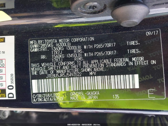 2018 Toyota 4runner Sr5 Premium მანქანა იყიდება აუქციონზე, vin: JTEBU5JR5J5493522, აუქციონის ნომერი: 45283154