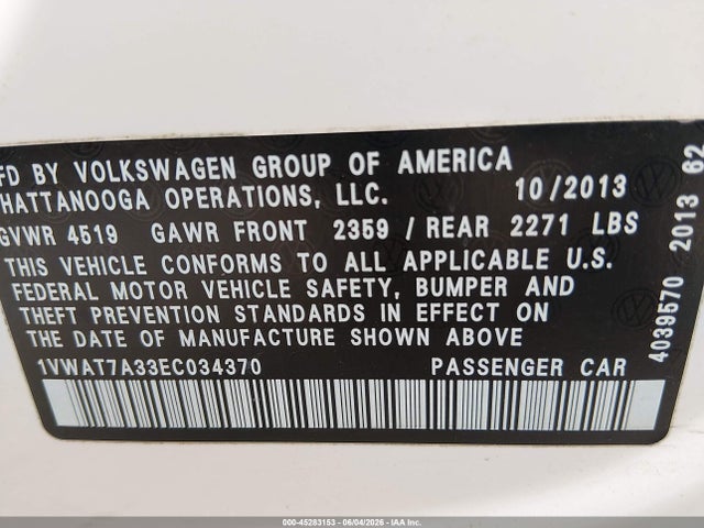 45283153 :رقم المزاد ، 1VWAT7A33EC034370 vin ، 2014 Volkswagen Passat 1.8t Wolfsburg Edition مزاد بيع