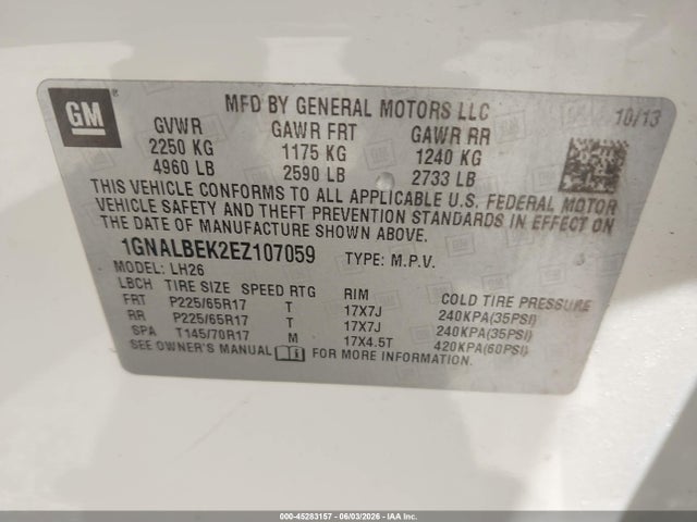 2014 Chevrolet Equinox 1lt მანქანა იყიდება აუქციონზე, vin: 1GNALBEK2EZ107059, აუქციონის ნომერი: 45283157