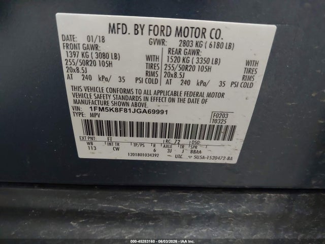 45283160 :رقم المزاد ، 1FM5K8F81JGA69991 vin ، 2018 Ford Explorer Limited مزاد بيع