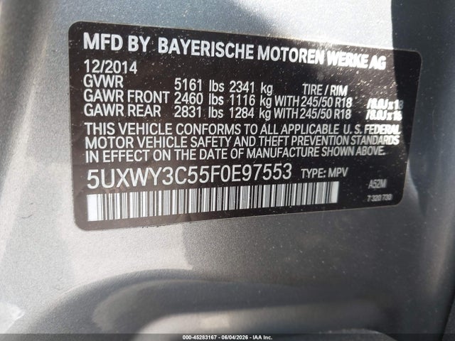 Продаж на аукціоні авто 2015 Bmw X3 Xdrive28d, vin: 5UXWY3C55F0E97553, номер лоту: 45283167