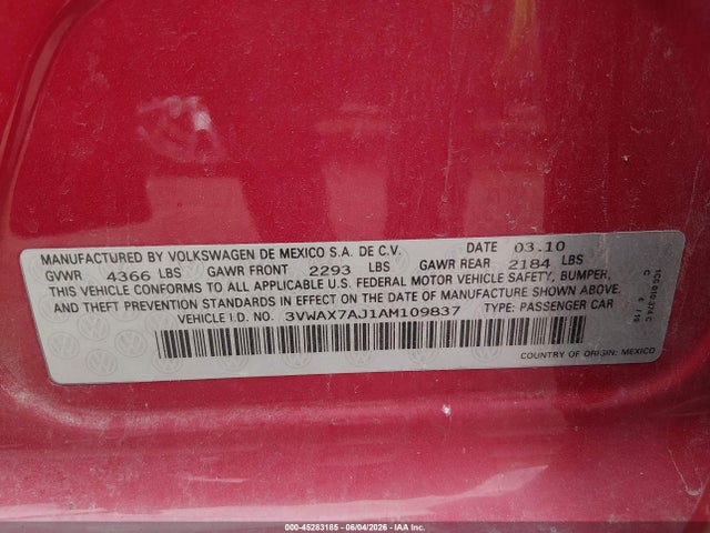 45283185 :رقم المزاد ، 3VWAX7AJ1AM109837 vin ، 2010 Volkswagen Jetta Limited Edition مزاد بيع