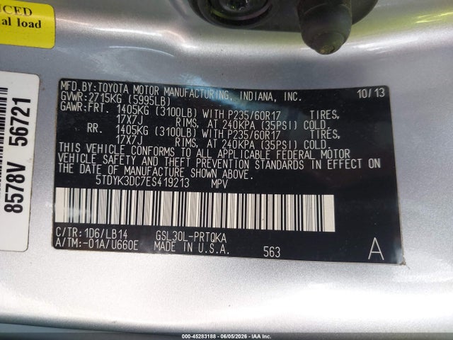 Продаж на аукціоні авто 2014 Toyota Sienna Xle V6 8 Passenger, vin: 5TDYK3DC7ES419213, номер лоту: 45283188