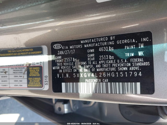 Aukcja sprzedaży 2017 Kia Optima Sxl Turbo, vin: 5XXGV4L26HG151794, numer aukcji: 45283194