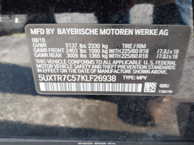Aukcja sprzedaży 2019 Bmw X3 Sdrive30i, vin: 5UXTR7C57KLF26938, numer aukcji: 45283204
