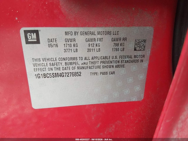 1G1BC5SM4G7276852 Chevrolet Cruze Ls Auto