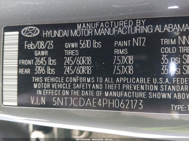 2023 Hyundai Santa Cruz Sel მანქანა იყიდება აუქციონზე, vin: 5NTJCDAE4PH062173, აუქციონის ნომერი: 45283240