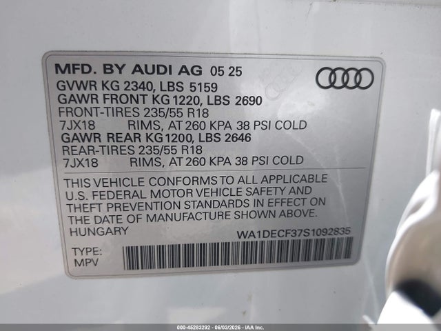 Продажа на аукционе авто 2025 Audi Q3 Premium 45 Tfsi S Line Quattro Tiptronic, vin: WA1DECF37S1092835, номер лота: 45283292