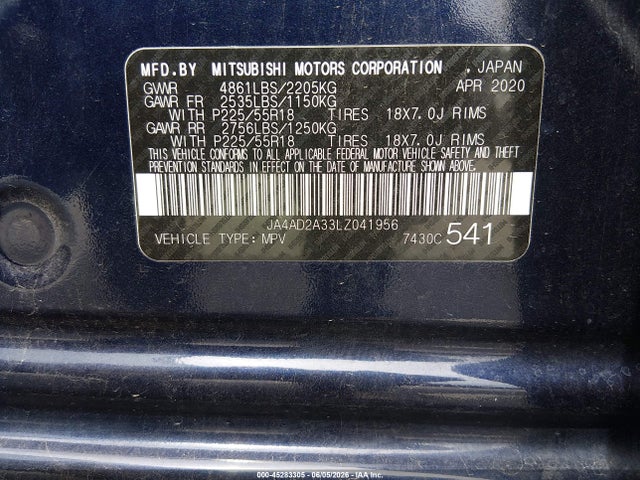 2020 Mitsubishi Outlander Es 2.4 მანქანა იყიდება აუქციონზე, vin: JA4AD2A33LZ041956, აუქციონის ნომერი: 45283305
