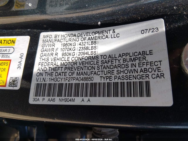 Auction sale of the 2023 Honda Accord Lx, vin: 1HGCY1F27PA048850, lot number: 45283426