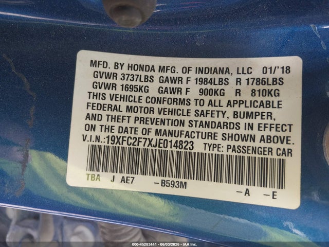 Honda CIVIC EX 2018 19XFC2F7XJE014823 Image 9