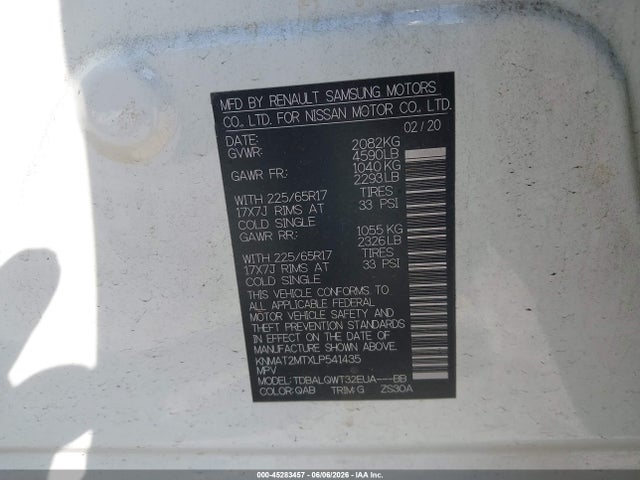 45283457 :رقم المزاد ، KNMAT2MTXLP541435 vin ، 2020 Nissan Rogue Sv Fwd مزاد بيع