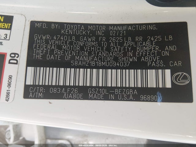 2021 Lexus Es 350 F Sport მანქანა იყიდება აუქციონზე, vin: 58AHZ1B18MU094037, აუქციონის ნომერი: 45283494
