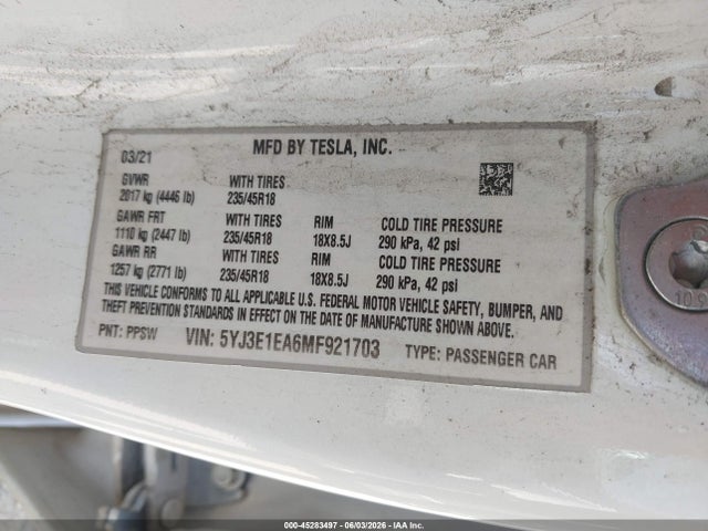 Tesla Model 3 Standard Range Plus Rear-wheel Drive 2021 5YJ3E1EA6MF921703 Image 9