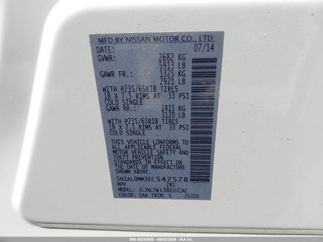 2014 Infiniti Qx60 მანქანა იყიდება აუქციონზე, vin: 5N1AL0MM3EC547578, აუქციონის ნომერი: 45283500