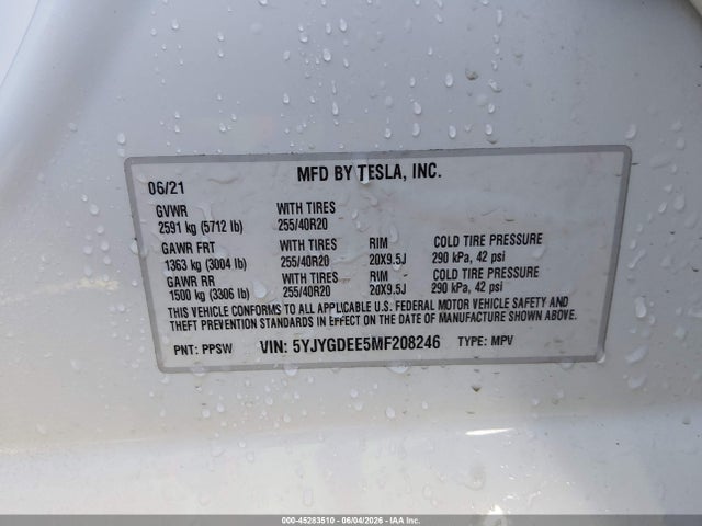 Продажа на аукционе авто 2021 Tesla Model Y Long Range Dual Motor All-wheel Drive, vin: 5YJYGDEE5MF208246, номер лота: 45283510