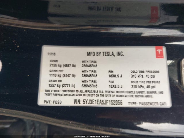 Aukcja sprzedaży 2018 Tesla Model 3 Long Range/mid Range, vin: 5YJ3E1EA5JF152056, numer aukcji: 45283522