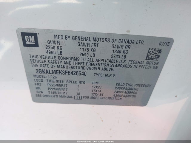 45283560 :رقم المزاد ، 2GKALMEK3F6426640 vin ، 2015 Gmc Terrain Sle-1 مزاد بيع